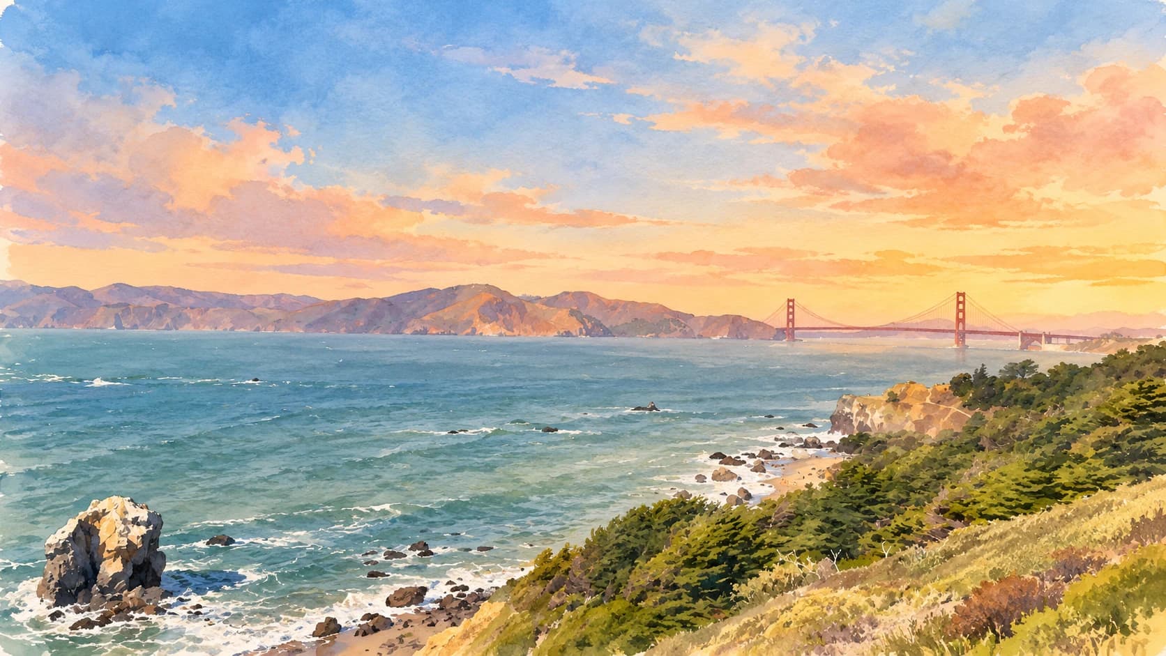 Watercolor view of the Golden Gate Bridge and Marin Headlands